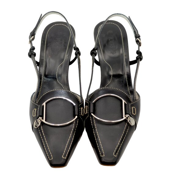 TOD'S Black Structured Minimalist Silver Metal Leather Slingback Kitten Heels 9 - Picture 8 of 15